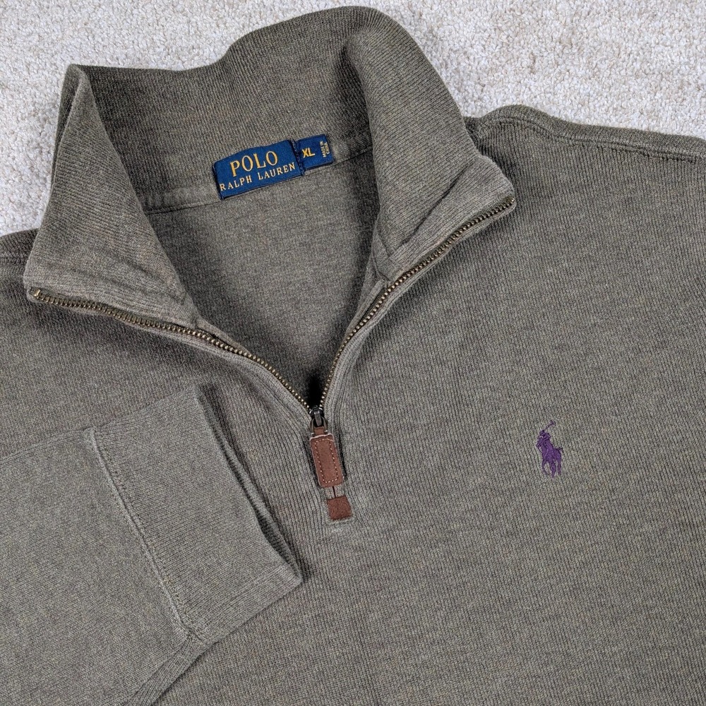 Polo Ralph Lauren Sweater Mens XL Green 1/4 Zip‎ Estate Rib Leather Pull Pony